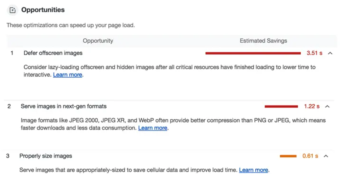 Google Lighthouse audit opportunities panel with expandable references explaining each recommendation and fix.