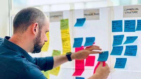 A man placing a sticky note on a workshop wall of colour-coded notes grouped under Opportunities, Pressure Points and Commercial Structure.