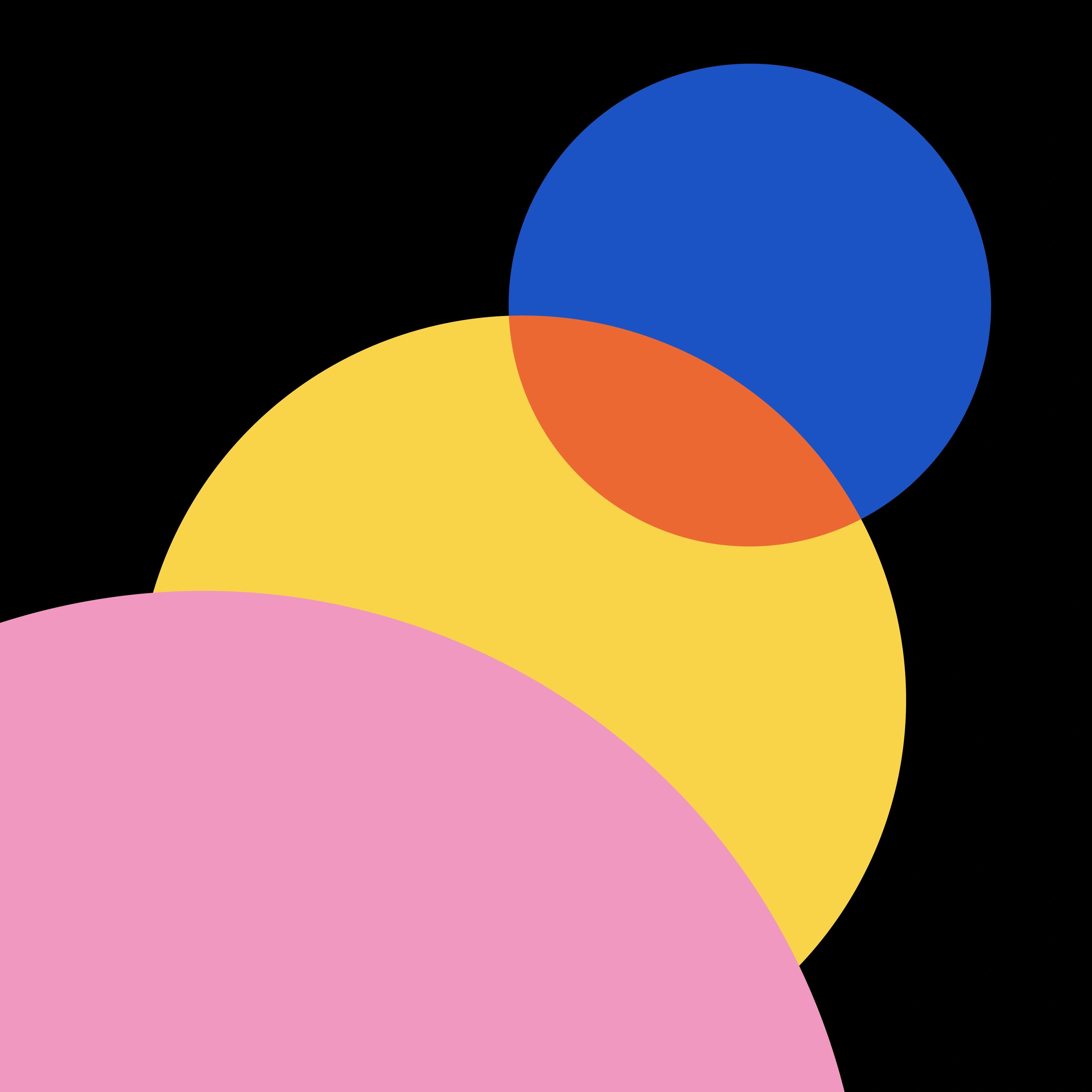 Abstract composition of overlapping pink, yellow and blue circles on a black background.