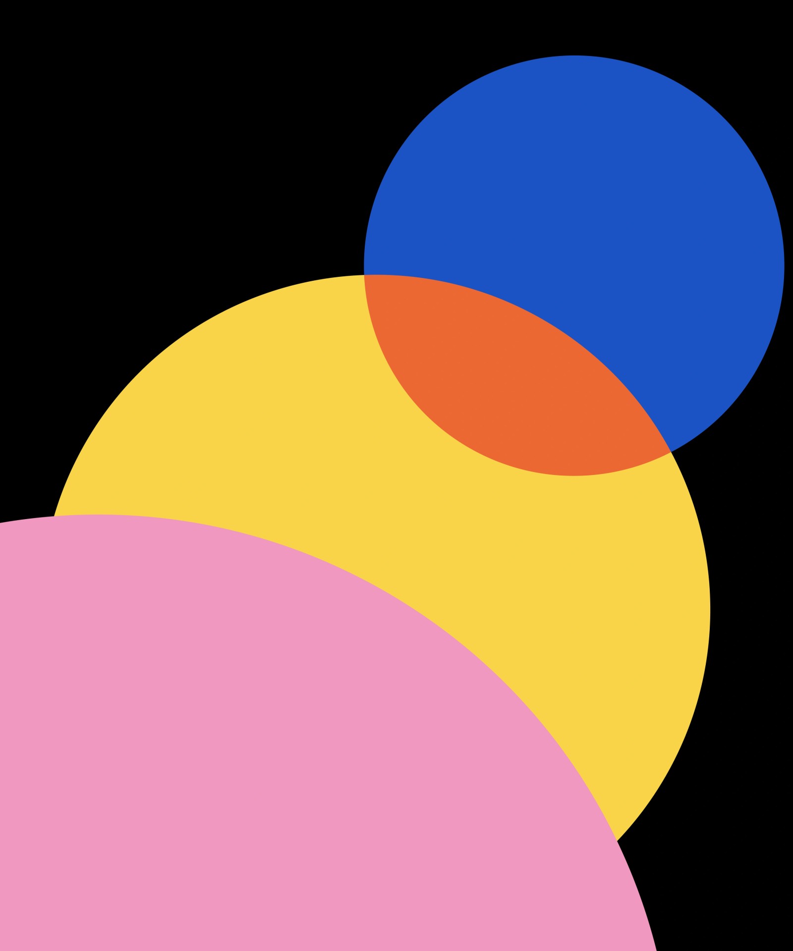 Abstract composition of overlapping pink, yellow and blue circles on a black background.