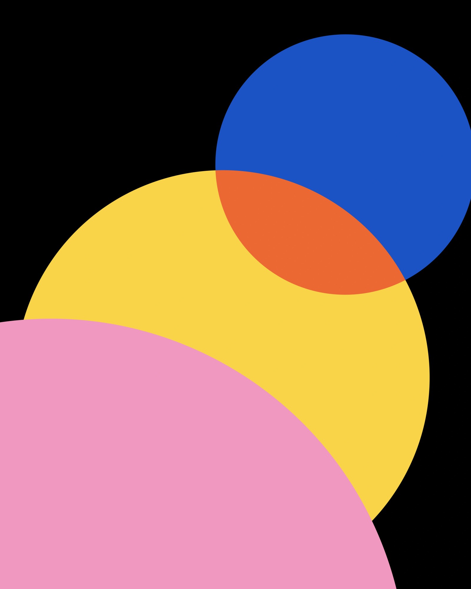 Abstract composition of overlapping pink, yellow and blue circles on a black background.