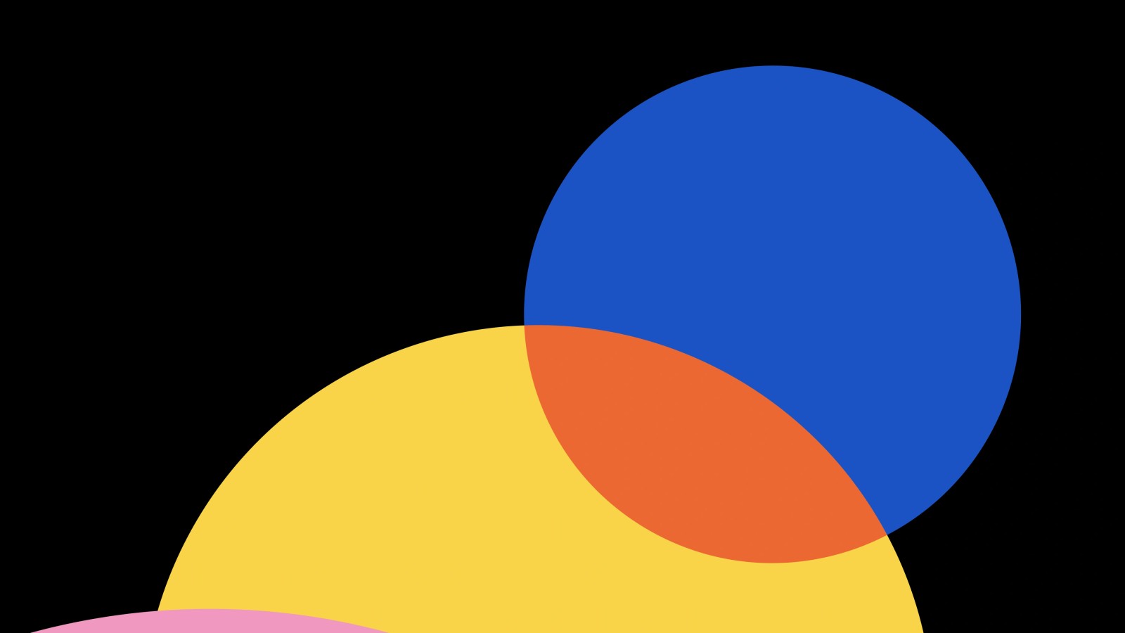 Abstract composition of overlapping pink, yellow and blue circles on a black background.