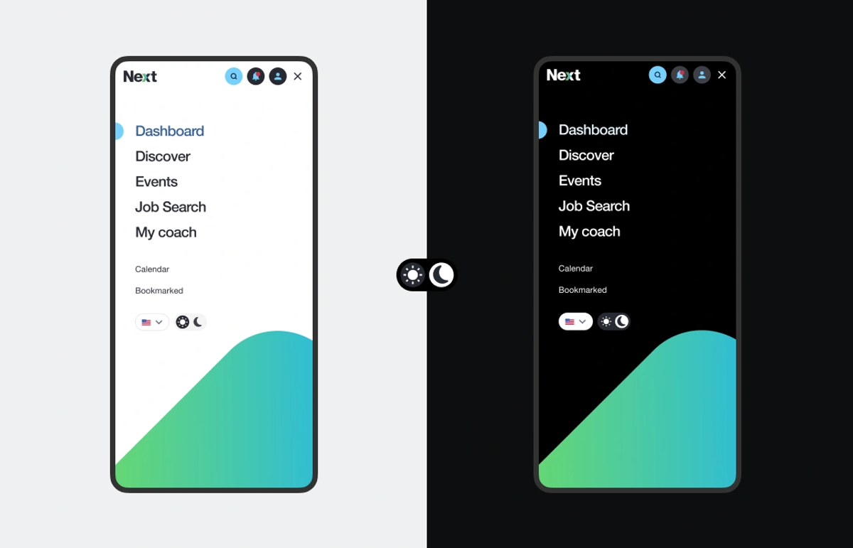 Side-by-side mobile navigation menu for an online portal made by UNRVLD, shown in both light and dark mode, with menu items including Dashboard, Discover, Events, Job Search, and My Coach.