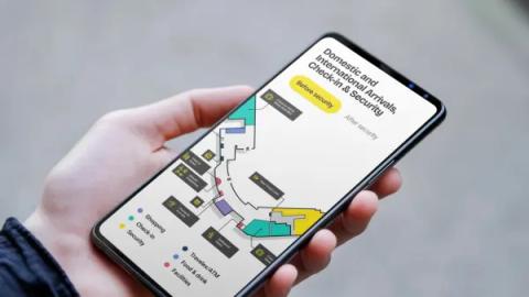Leeds Bradford Airport interactive terminal map on mobile, with before and after security filters for arrivals, check-in and facilities, built by UNRVLD.