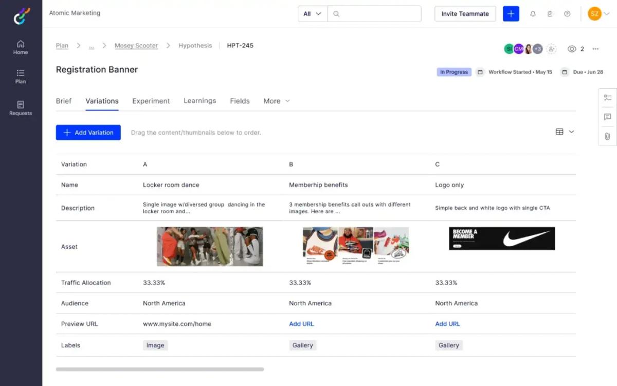 Optimizely CMS interface showing A/B/C variation planning for a Nike registration banner experiment with traffic allocation.