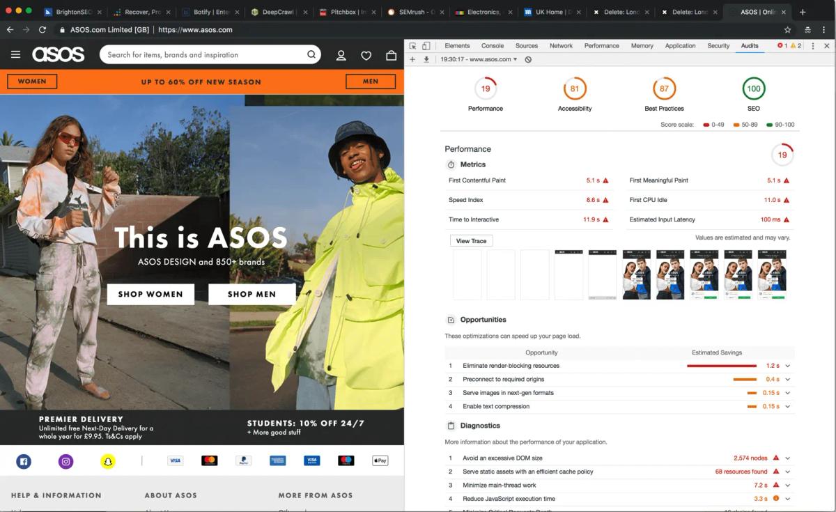 Lighthouse performance audit of the ASOS website scoring 19 out of 100, taken 31 March 2019.