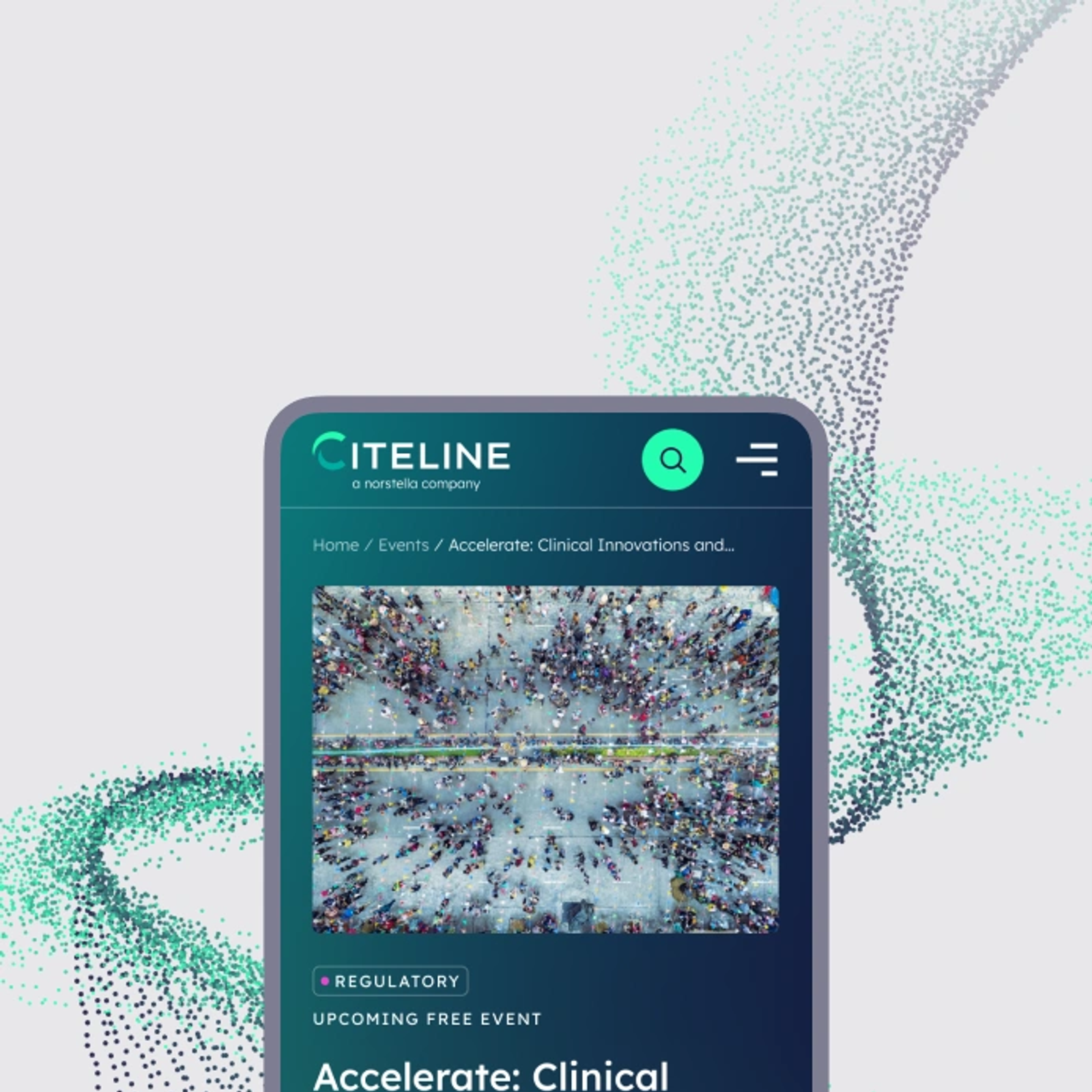 Image of Citeline's website on a mobile phone, worked on by UNRVLD
