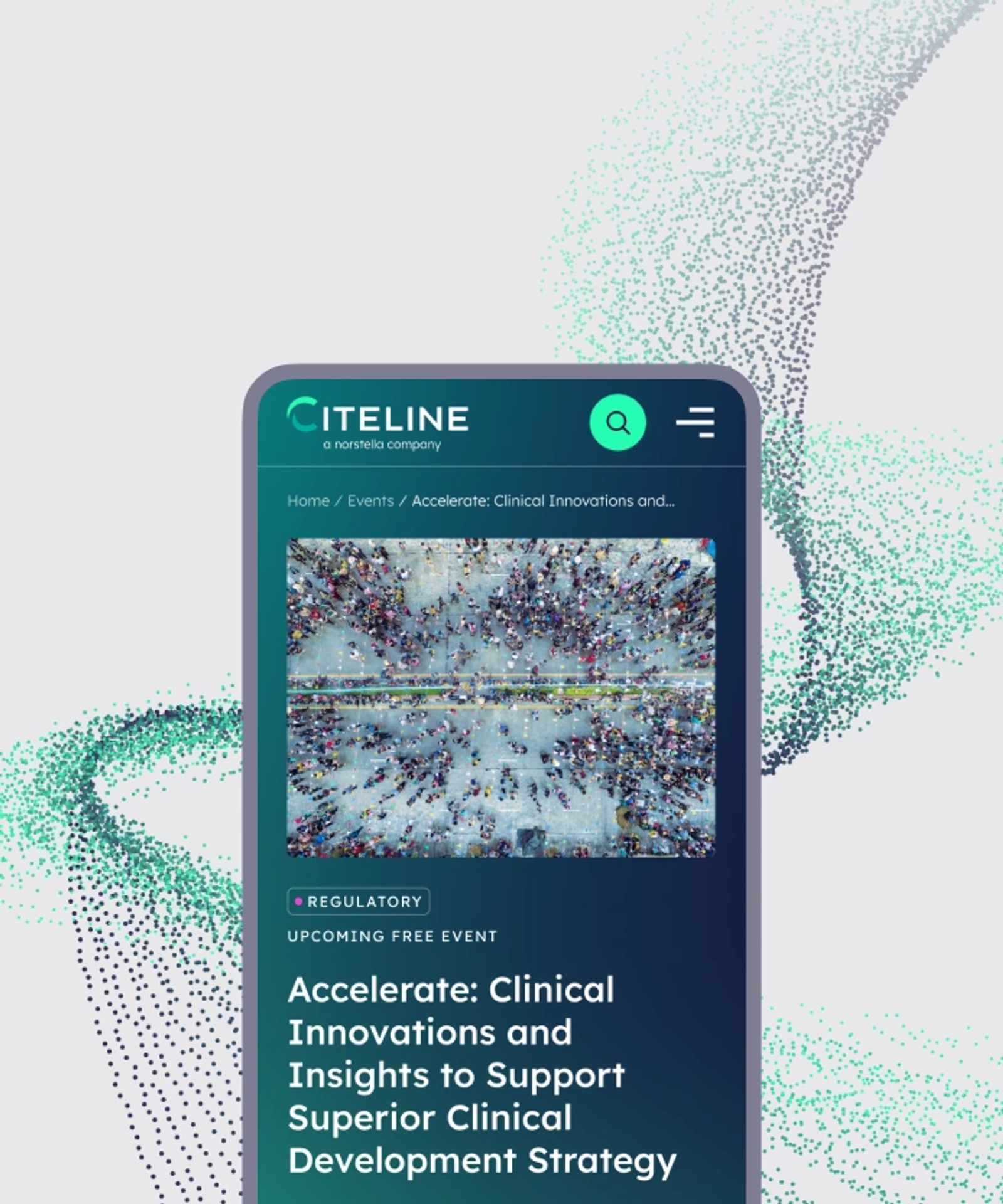 Image of Citeline's website on a mobile phone, worked on by UNRVLD