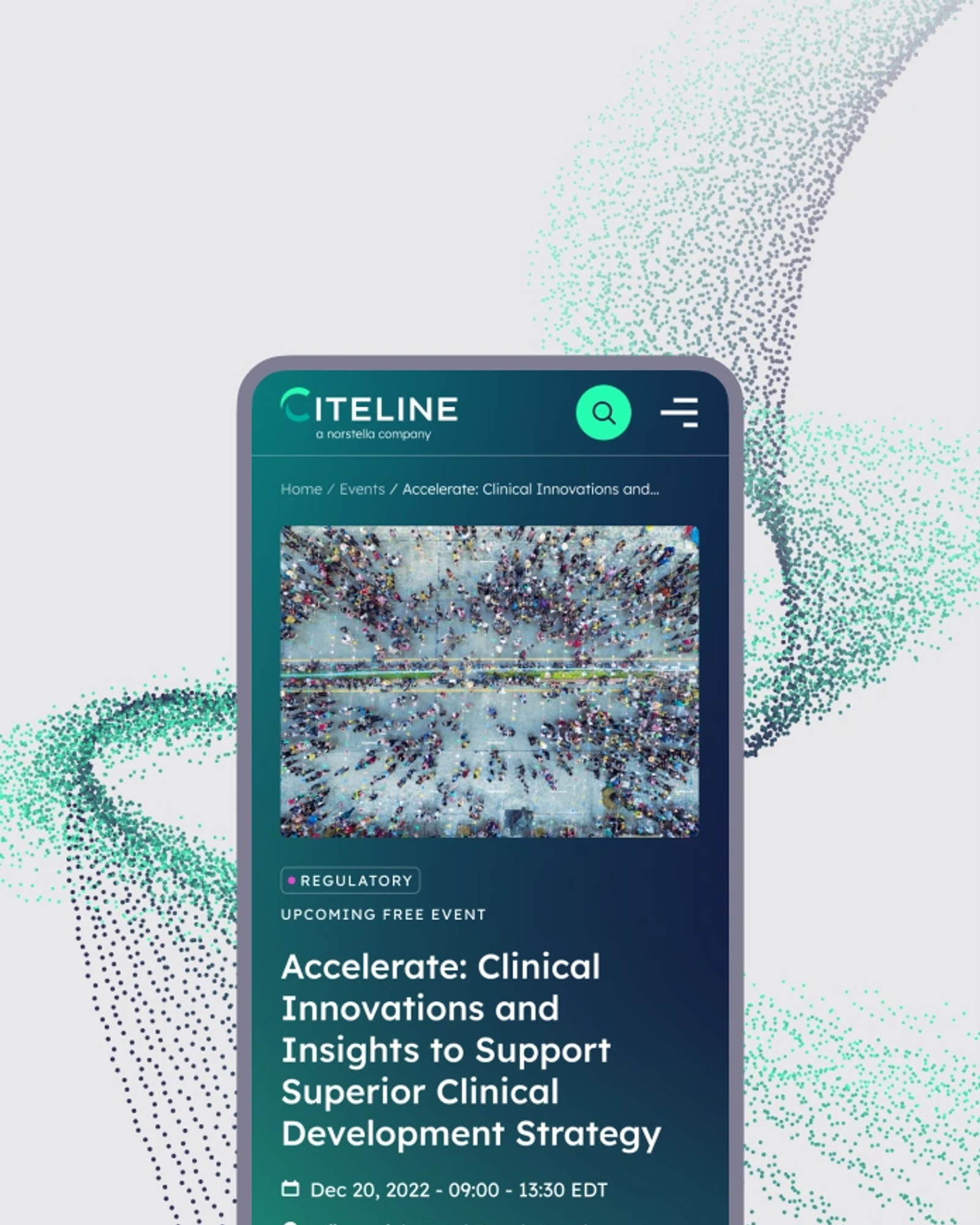 Image of Citeline's website on a mobile phone, worked on by UNRVLD