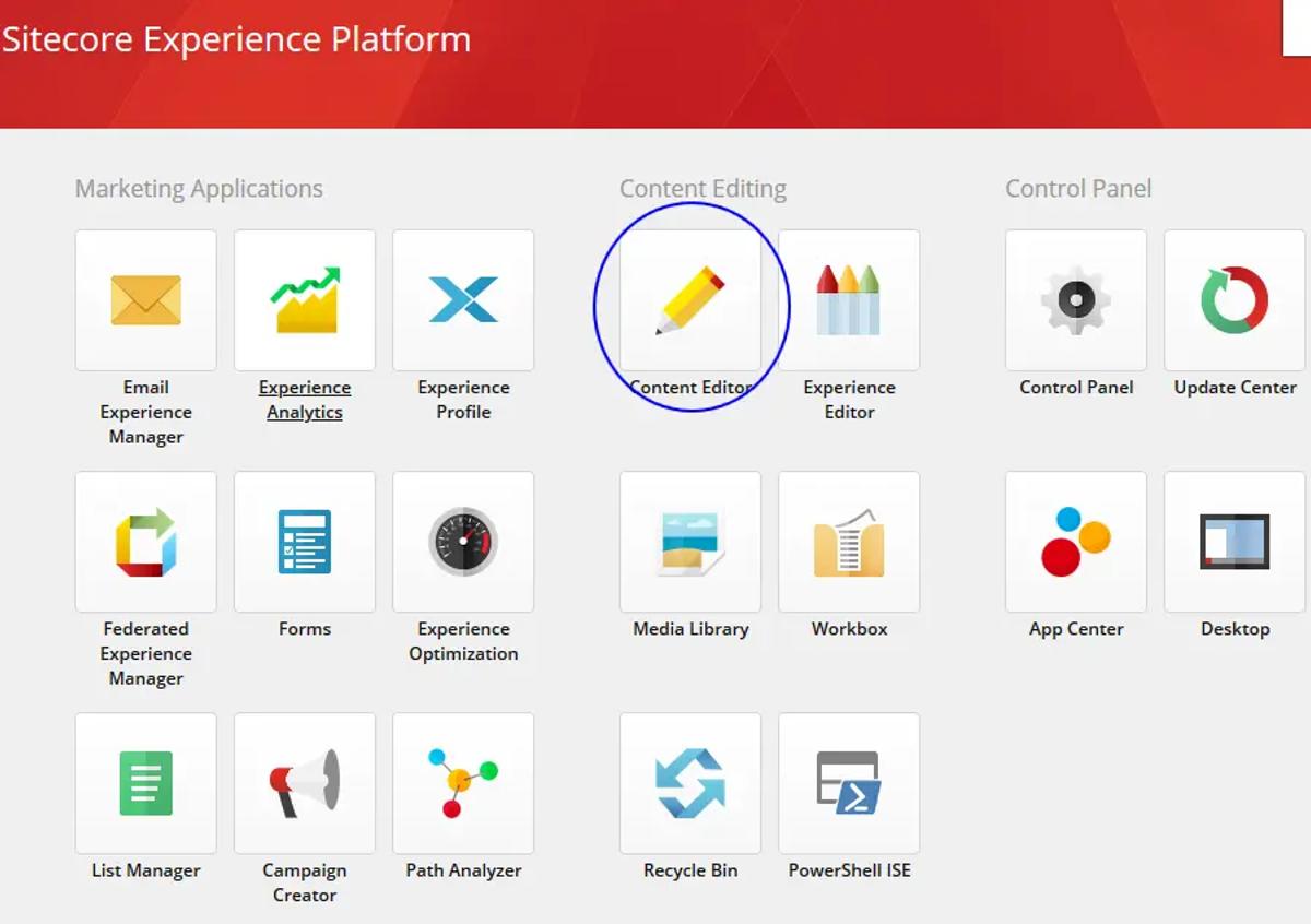 Sitecore Experience Platform launchpad showing Marketing Applications, Content Editing and Control Panel modules.