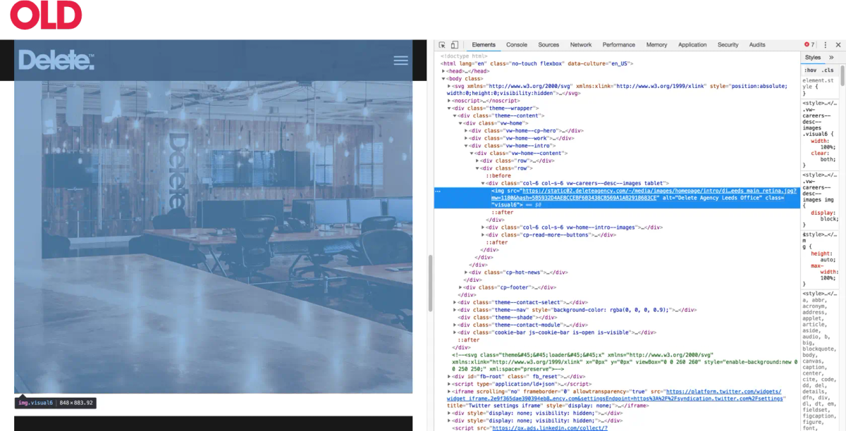 HTML markup showing a single image resized by the browser, causing slower load speeds on the legacy Delete site.