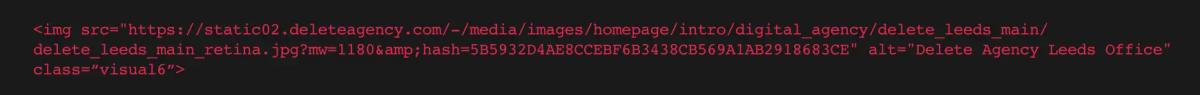 HTML markup showing a standard image tag before adaptive image optimisation is applied.