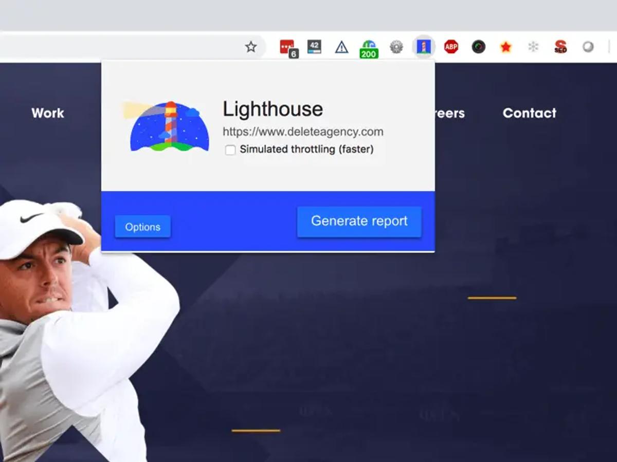 Screenshot of Google Lighthouse being run from the Chrome browser extension.