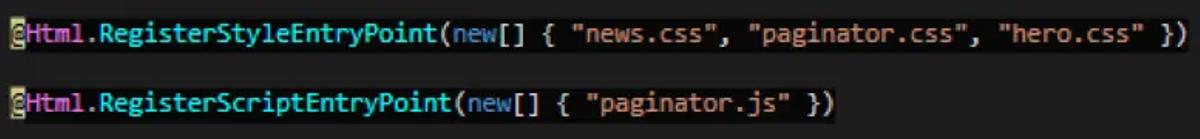 Code markup showing frontend developers declaring the names of CSS and JS resources needed for each component.