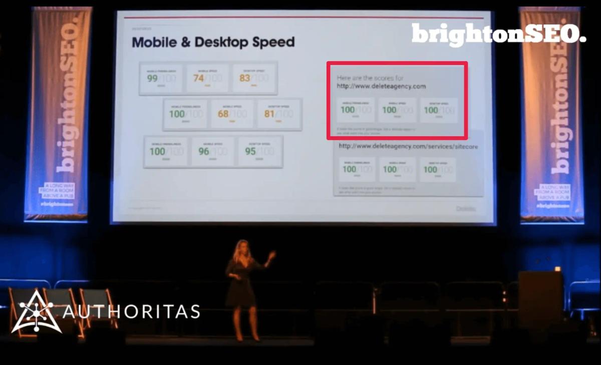 Presentation slide from Polly Pospelova's BrightonSEO talk showing mobile and desktop speed benchmarks.