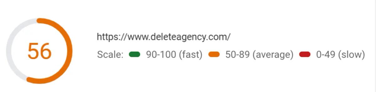 Lighthouse audit of the legacy Delete website (now UNRVLD) scoring 56 out of 100 for performance.