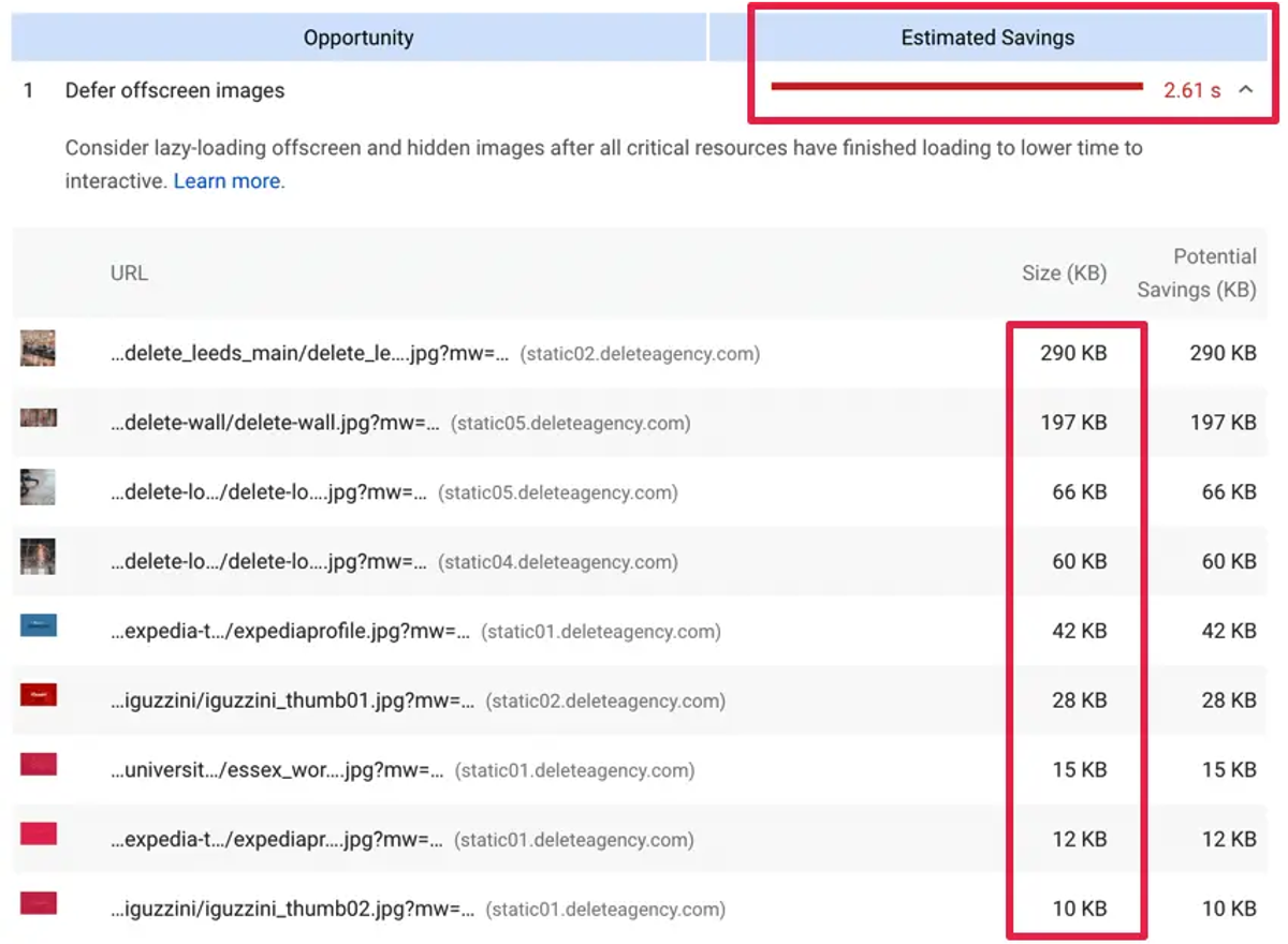 Lighthouse audit result showing 2.61 seconds of page load time saved by deferring offscreen images.