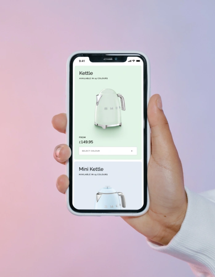 The image shows Smeg's commerce website built and designed by UNRVLD displayed in mobile view on a phone