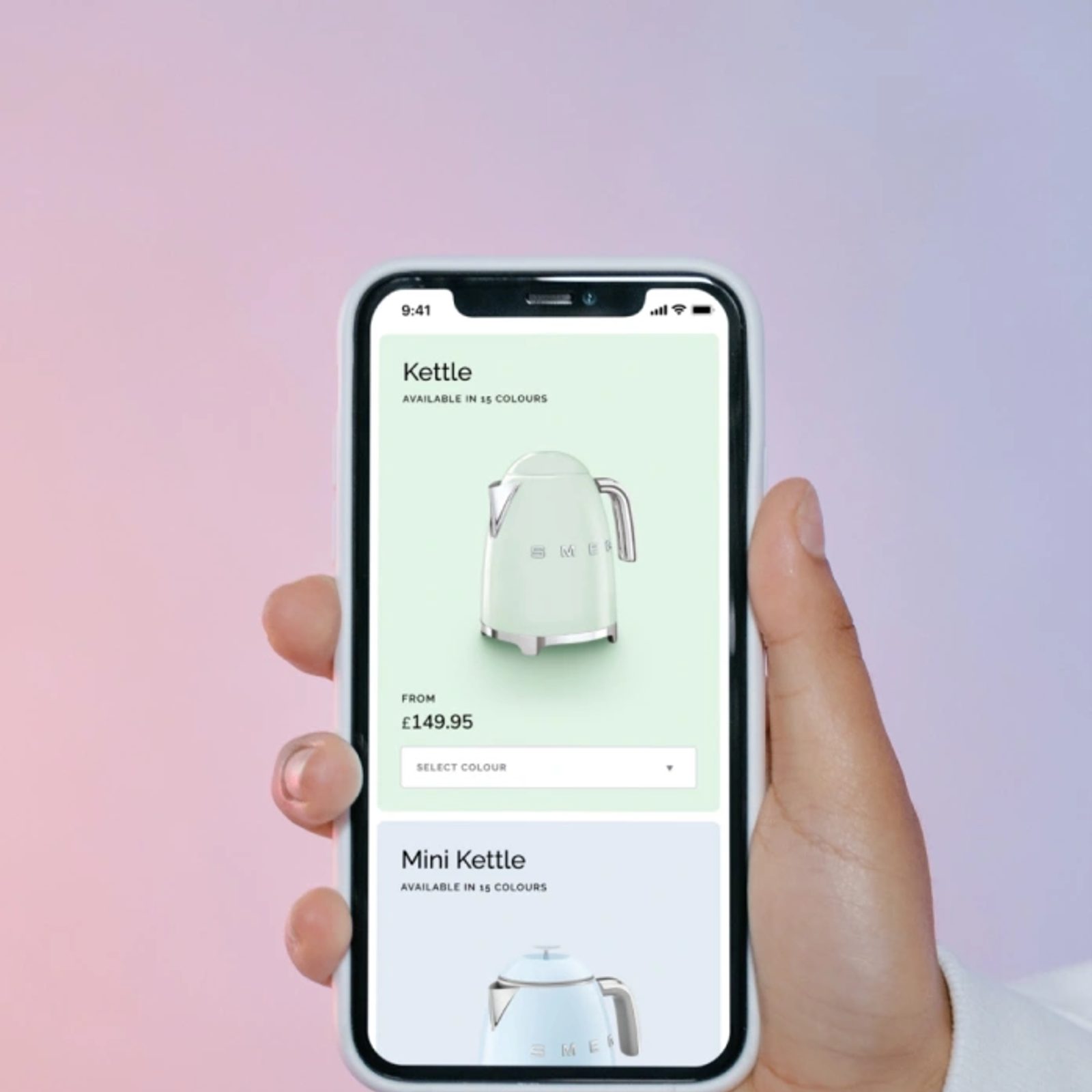 The image shows Smeg's commerce website built and designed by UNRVLD displayed in mobile view on a phone