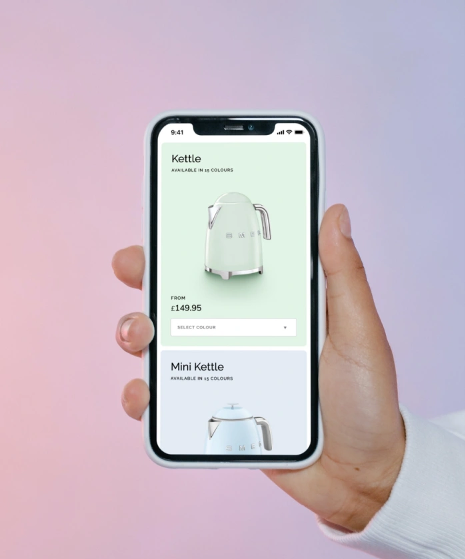 The image shows Smeg's commerce website built and designed by UNRVLD displayed in mobile view on a phone