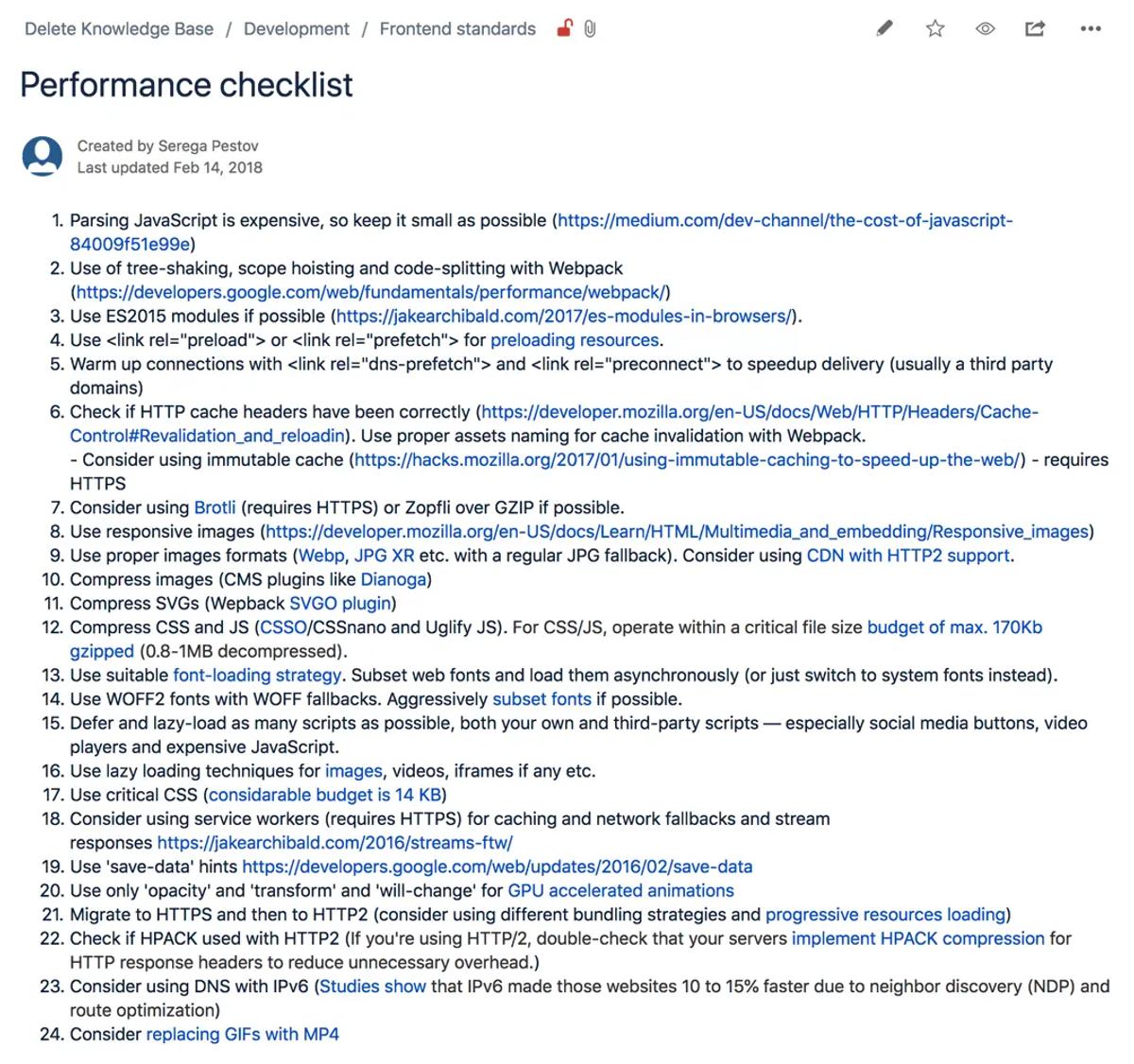 UNRVLD internal performance optimisation checklist covering web development best practices.