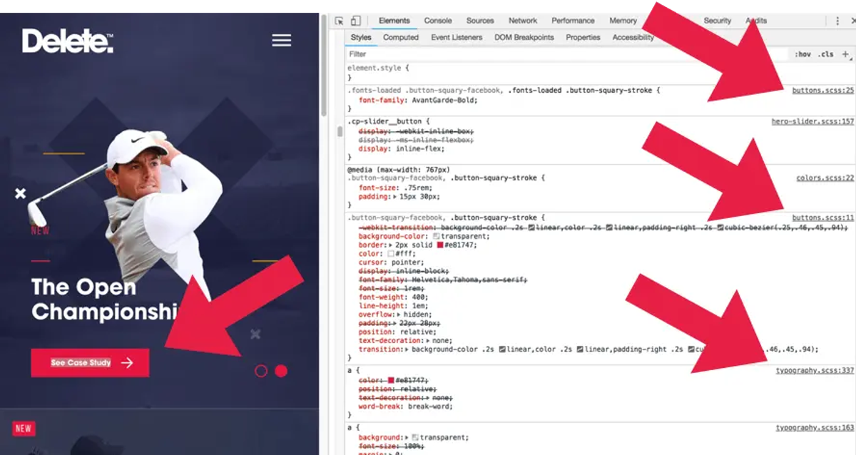 Chrome DevTools inspection of a red button showing small CSS chunks: buttons.css, typography.css and colours.css.