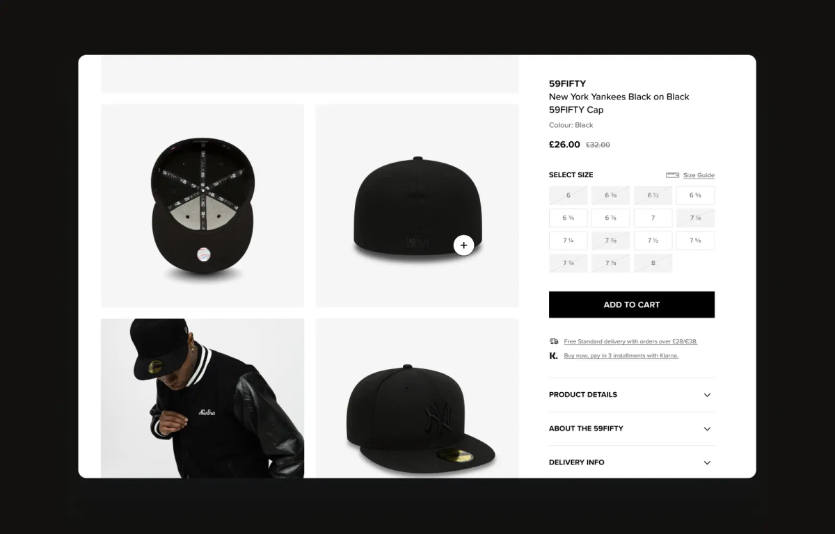 Screenshot of the New Era Cap website product page for the New York Yankees Black on Black 59FIFTY Cap, showing multiple product views including the interior, front, and a lifestyle shot, alongside size selection and add to cart functionality.