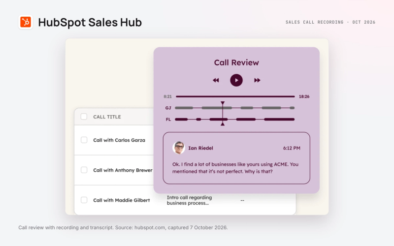 HubSpot call review with recording and transcript, from hubspot.com
