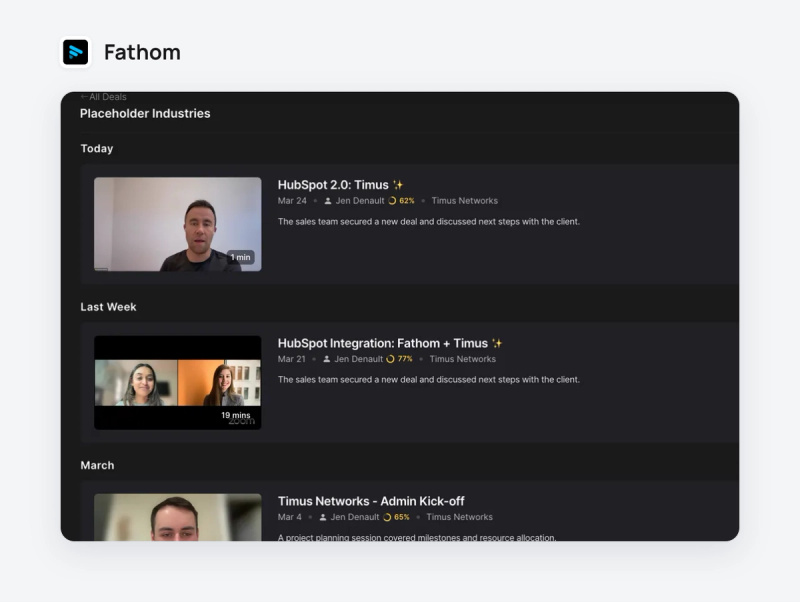 Vue Deal de Fathom listant trois appels sur un même deal, chacun avec la date, le commercial et un résumé d'une ligne