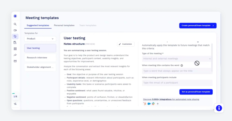 tl;dv's meeting templates applied automatically to matching meetings