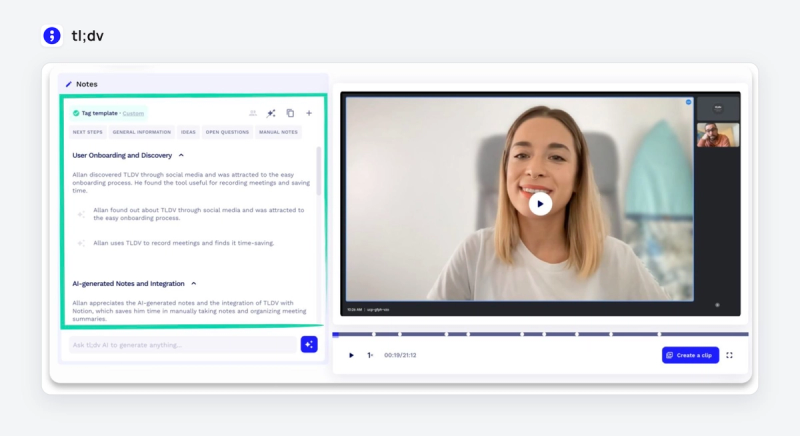 Page de réunion tl;dv avec les notes IA structurées par un modèle à gauche et l'enregistrement vidéo à droite