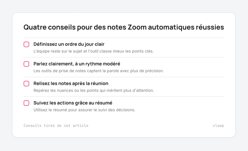 Liste de quatre conseils pour la prise de notes automatique dans Zoom