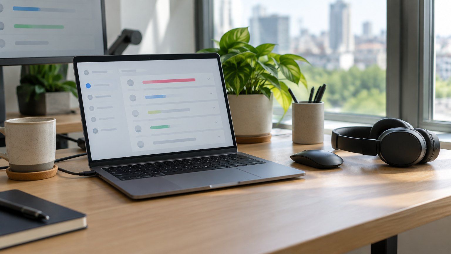 A startup desk by a window: a laptop shows a CRM deal record with its fields filling in, a notebook pushed aside.