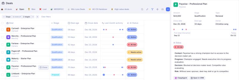Claap deals view: open deals with an AI status, and one at-risk deal opened with its AI deal summary