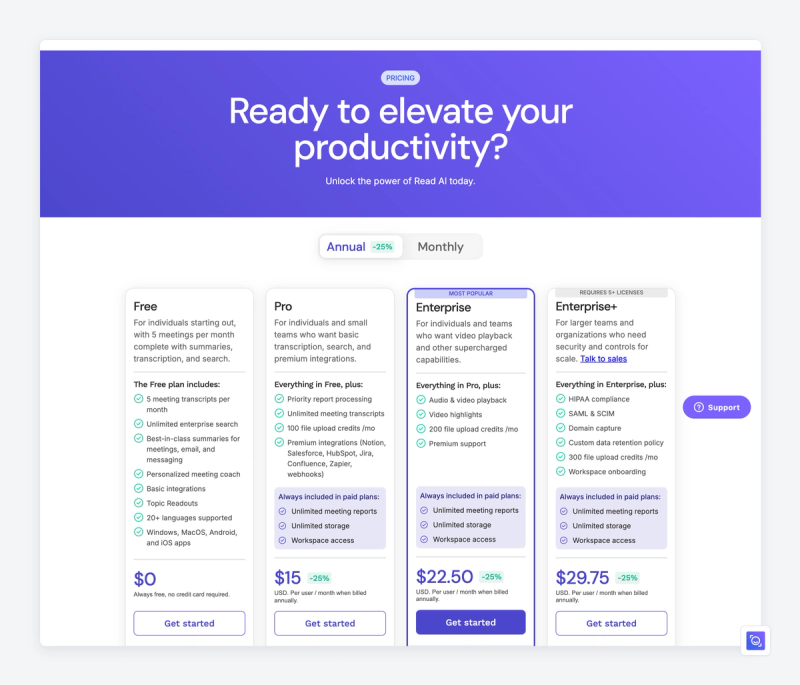 Page tarifs de Read AI avec les offres Free, Pro, Enterprise et Enterprise+ et leurs prix par licence