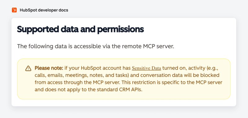 HubSpot developer docs note: with Sensitive Data on, activity and conversation data are blocked through the MCP server