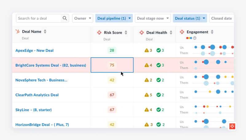 Avoma deal table with risk score, deal health warning counts and an engagement timeline for each deal