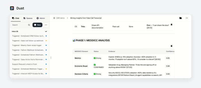 Chat Dust où un agent commercial renvoie un tableau MEDDICC avec citations et score de confiance par critère