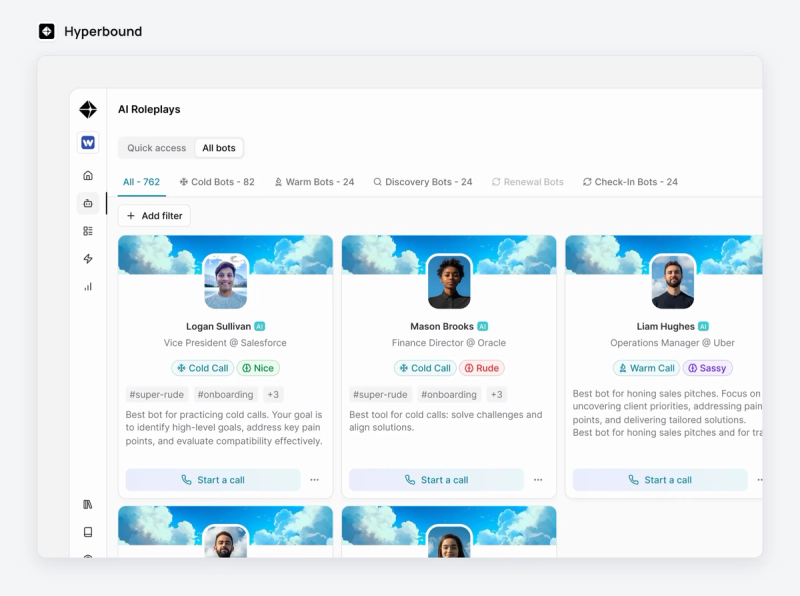 Hyperbound's library of AI buyer personas for roleplays, filtered by call type