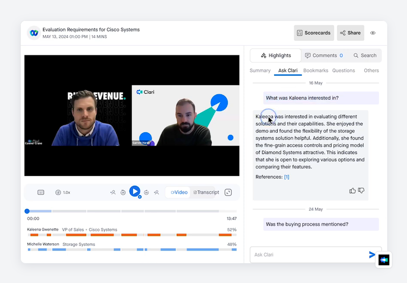 Page d'appel de Clari Copilot avec le temps de parole par intervenant et Ask Clari qui répond à une question sur l'intérêt de l'acheteur