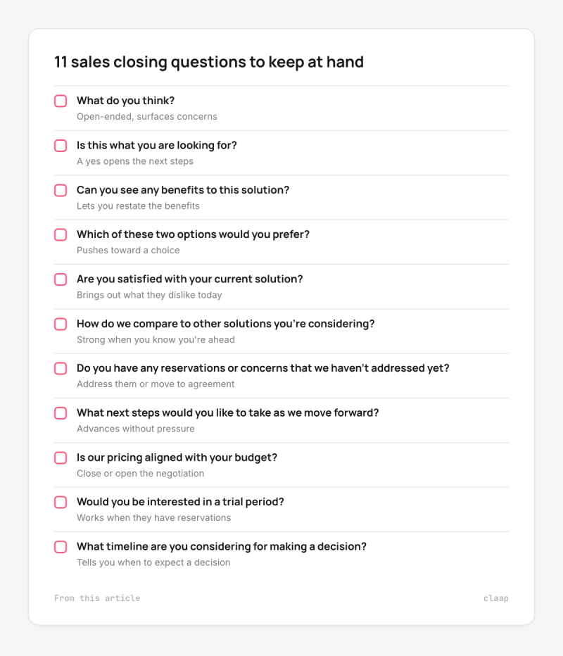 Checklist of the 11 sales closing questions covered in this article
