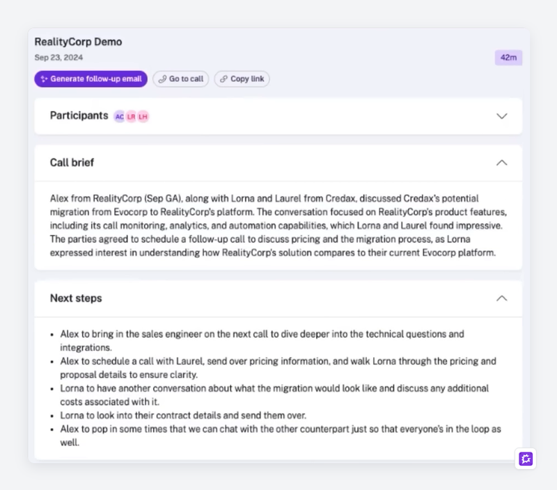 Gong call brief panel with a summary paragraph, a list of next steps and a Generate follow-up email button