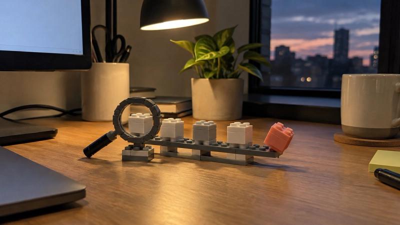 Toy-brick deal blocks on a pipeline rail under a brick magnifying glass, one coral-pink block tipping off the rail