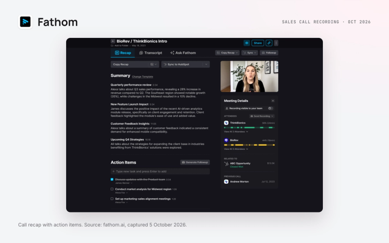 Fathom call recap with action items, from fathom.ai