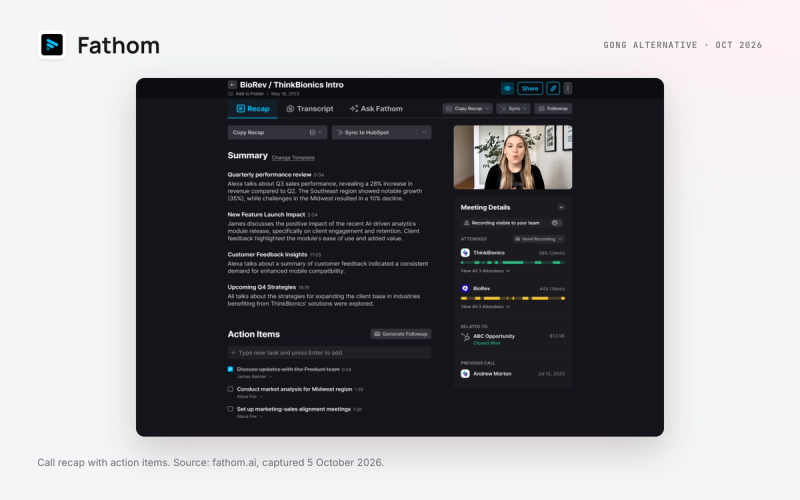 Fathom call recap with action items, from fathom.ai