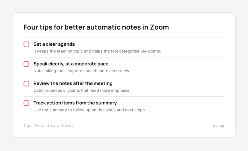 Checklist of four tips for automatic note-taking in Zoom