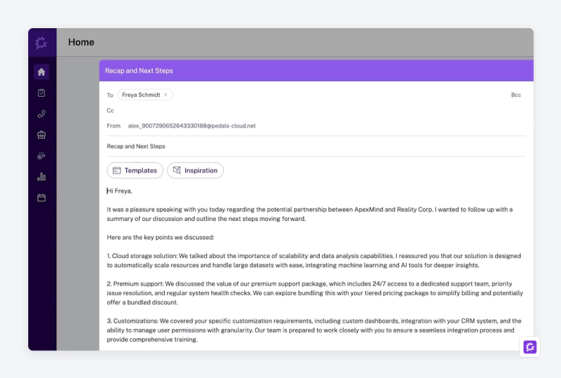 Éditeur d'e-mail de Gong avec un récap et des prochaines étapes rédigés par l'IA pour un acheteur