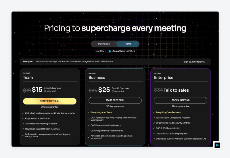 Page tarifs de Fathom avec l'offre gratuite et les offres Team, Business et Enterprise