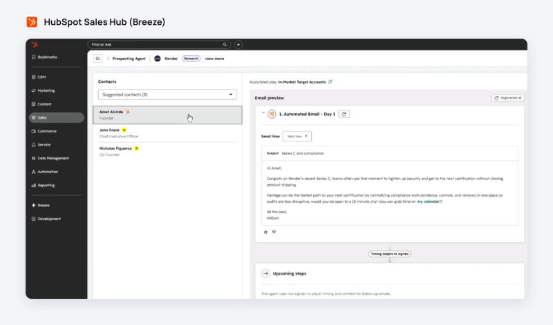 Agent de prospection Breeze de HubSpot : trois contacts suggérés et un e-mail rédigé par l'IA à partir d'une levée de fonds