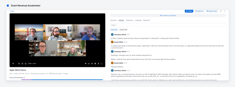 A recorded demo call in Zoom Revenue Accelerator with the meeting video and the speaker-labelled transcript